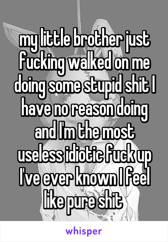 my little brother just fucking walked on me doing some stupid shit I have no reason doing and I'm the most useless idiotic fuck up I've ever known I feel like pure shit 