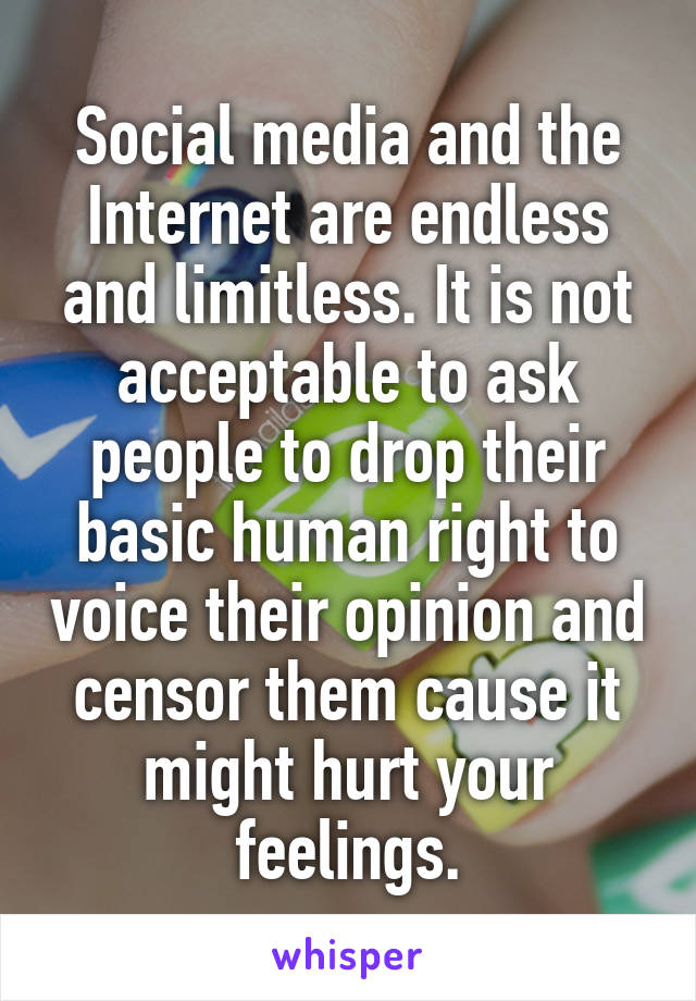 Social media and the Internet are endless and limitless. It is not acceptable to ask people to drop their basic human right to voice their opinion and censor them cause it might hurt your feelings.