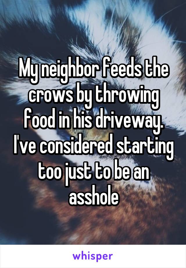 My neighbor feeds the crows by throwing food in his driveway. I've considered starting too just to be an asshole