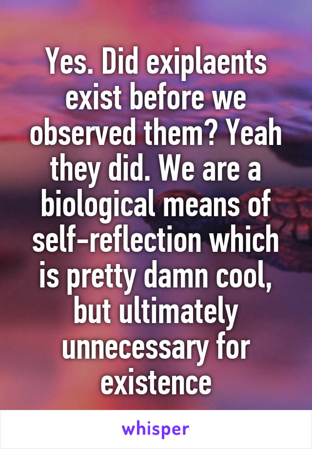 Yes. Did exiplaents exist before we observed them? Yeah they did. We are a biological means of self-reflection which is pretty damn cool, but ultimately unnecessary for existence
