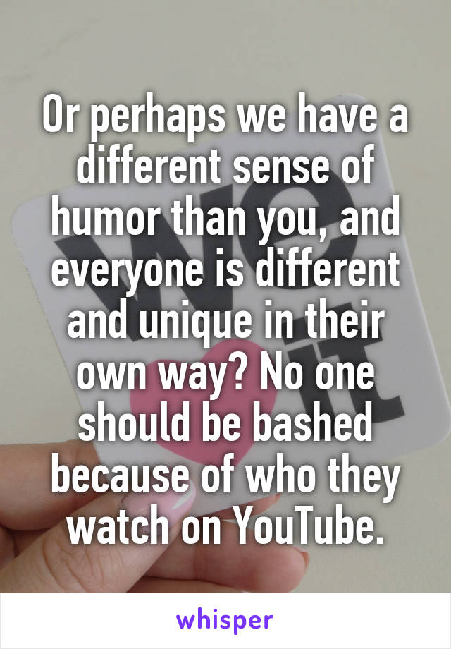 Or perhaps we have a different sense of humor than you, and everyone is different and unique in their own way? No one should be bashed because of who they watch on YouTube.