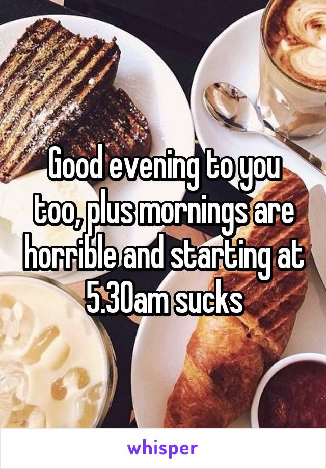 Good evening to you too, plus mornings are horrible and starting at 5.30am sucks