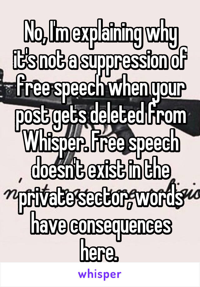 No, I'm explaining why it's not a suppression of free speech when your post gets deleted from Whisper. Free speech doesn't exist in the private sector, words have consequences here. 