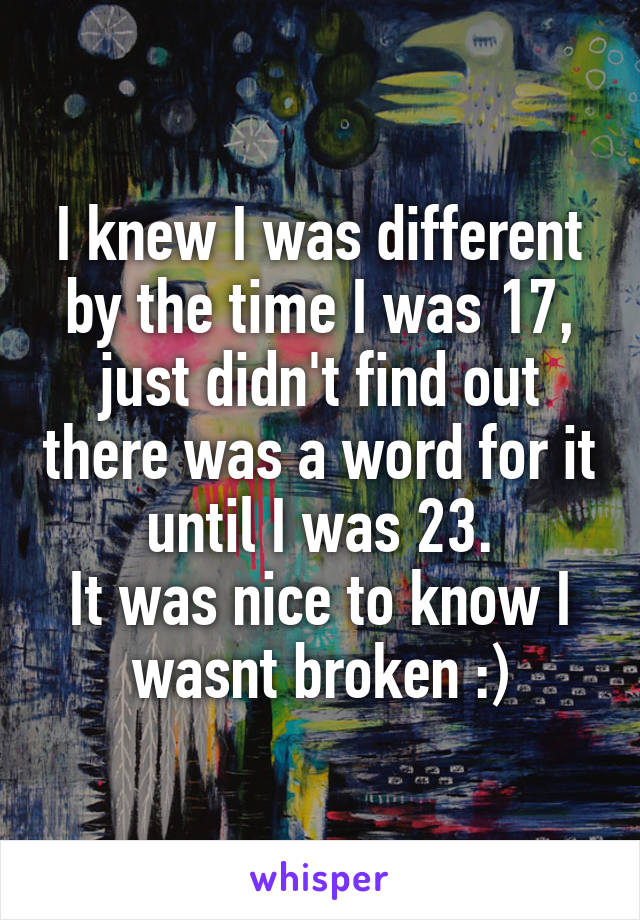 I knew I was different by the time I was 17, just didn't find out there was a word for it until I was 23.
It was nice to know I wasnt broken :)