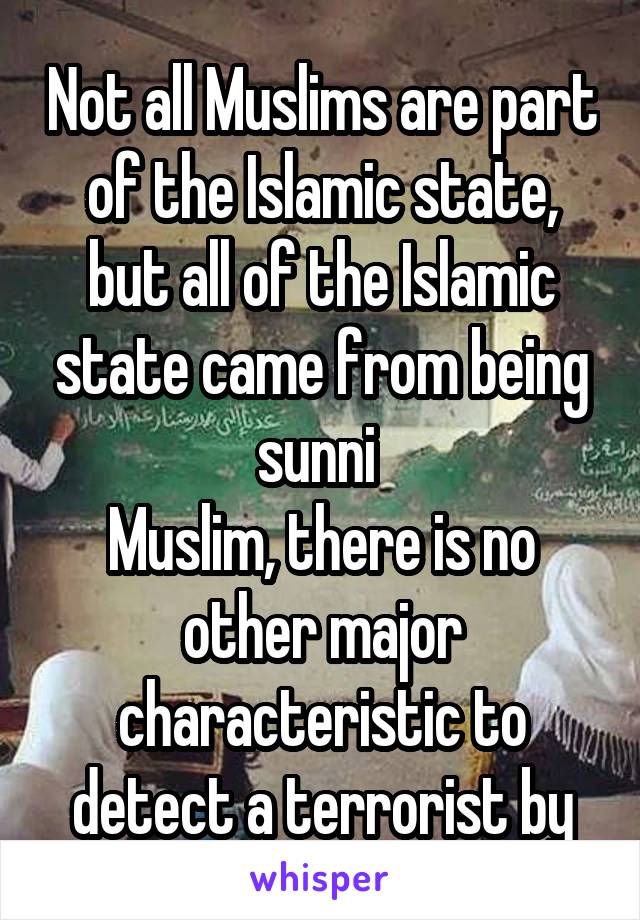 Not all Muslims are part of the Islamic state, but all of the Islamic state came from being sunni 
Muslim, there is no other major characteristic to detect a terrorist by