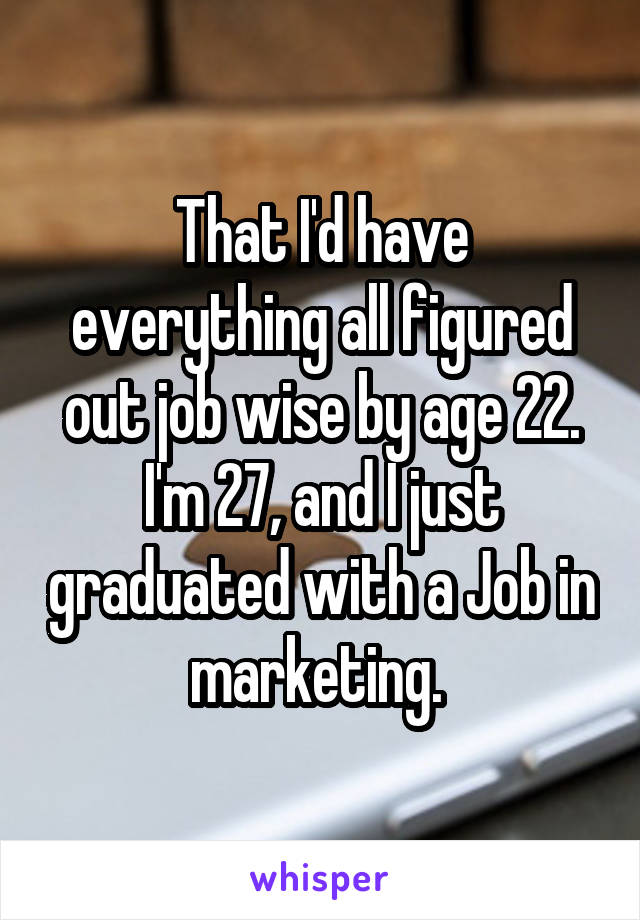 That I'd have everything all figured out job wise by age 22. I'm 27, and I just graduated with a Job in marketing. 