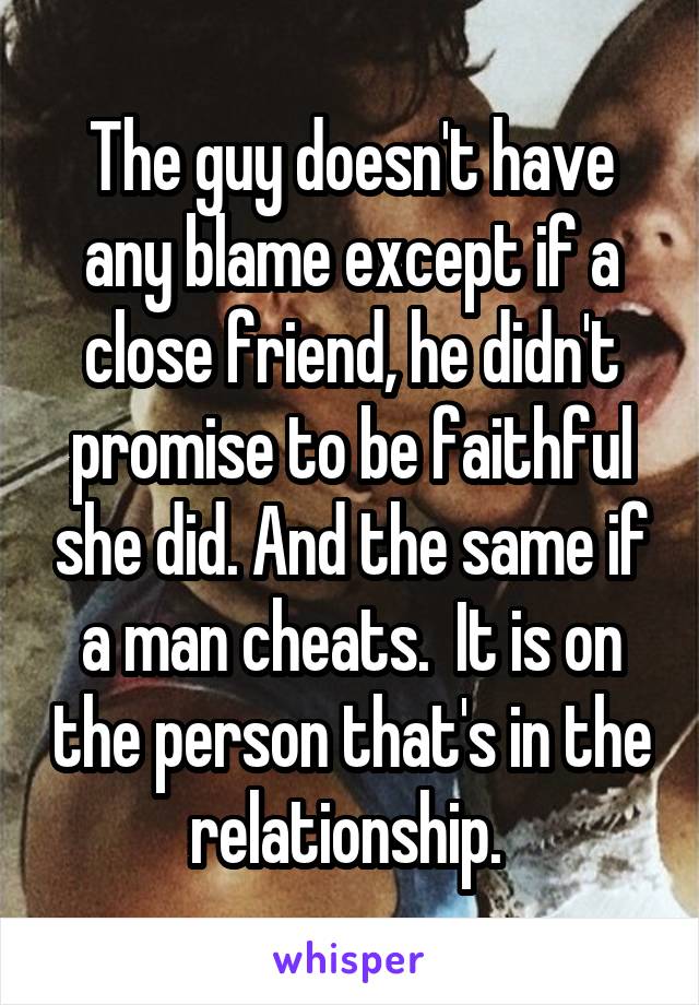 The guy doesn't have any blame except if a close friend, he didn't promise to be faithful she did. And the same if a man cheats.  It is on the person that's in the relationship. 