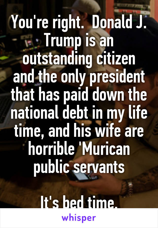 You're right.  Donald J. Trump is an outstanding citizen and the only president that has paid down the national debt in my life time, and his wife are horrible 'Murican public servants

It's bed time.