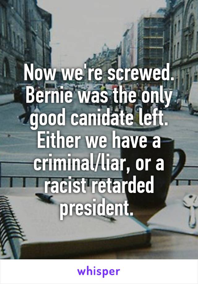 Now we're screwed. Bernie was the only good canidate left. Either we have a criminal/liar, or a racist retarded president. 