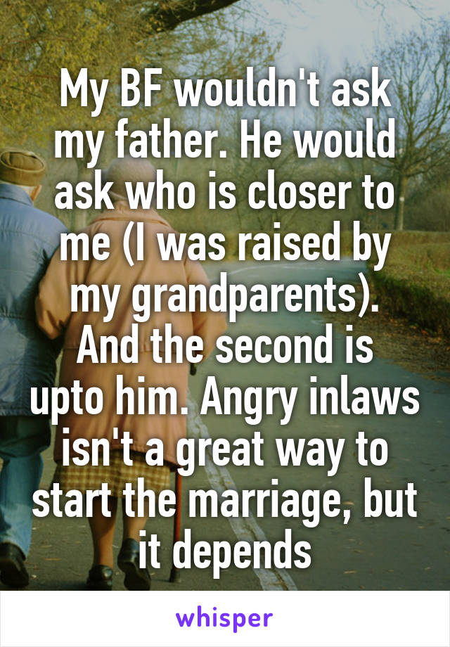 My BF wouldn't ask my father. He would ask who is closer to me (I was raised by my grandparents).
And the second is upto him. Angry inlaws isn't a great way to start the marriage, but it depends