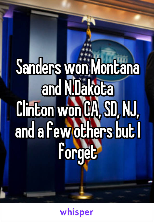 Sanders won Montana and N.Dakota
Clinton won CA, SD, NJ, and a few others but I forget