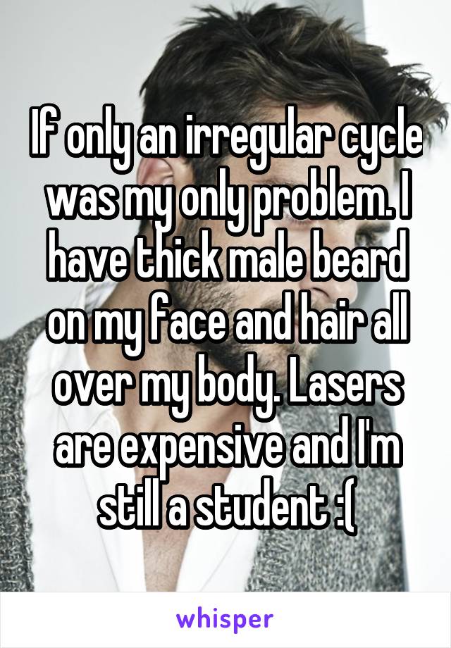 If only an irregular cycle was my only problem. I have thick male beard on my face and hair all over my body. Lasers are expensive and I'm still a student :(