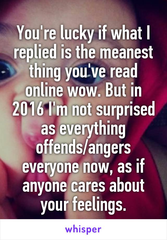 You're lucky if what I replied is the meanest thing you've read online wow. But in 2016 I'm not surprised as everything offends/angers everyone now, as if anyone cares about your feelings.