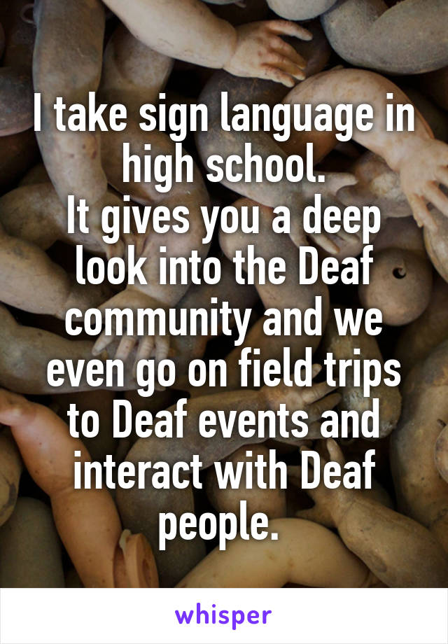 I take sign language in high school.
It gives you a deep look into the Deaf community and we even go on field trips to Deaf events and interact with Deaf people. 