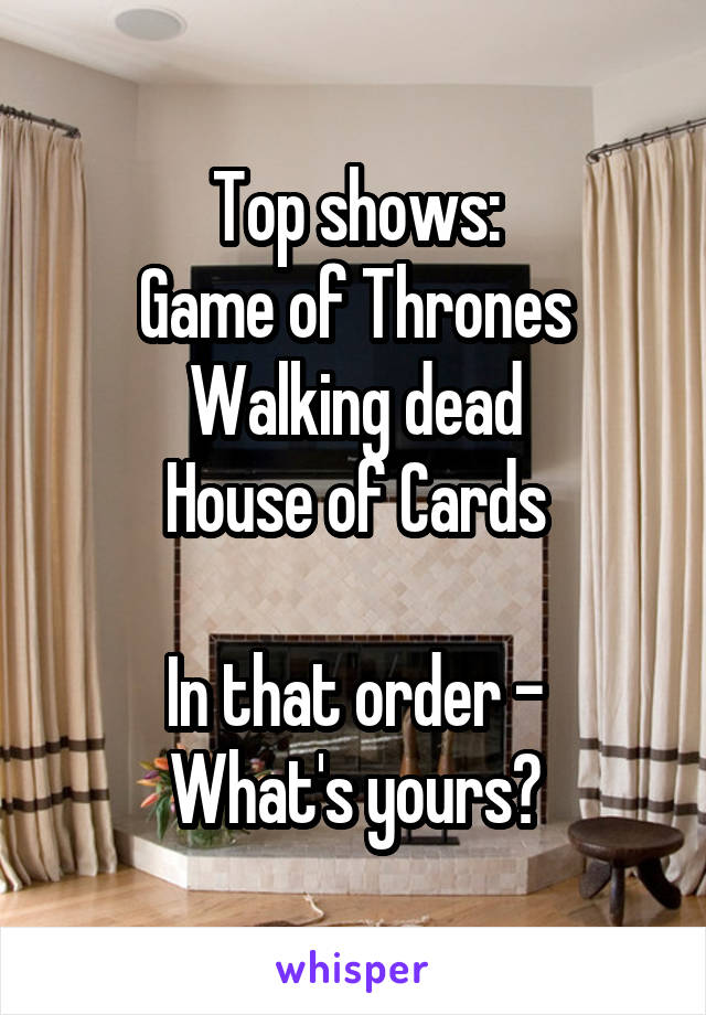 Top shows:
Game of Thrones
Walking dead
House of Cards

In that order -
What's yours?