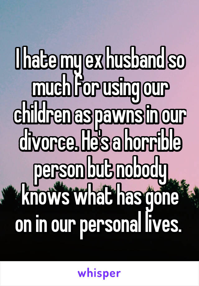 I hate my ex husband so much for using our children as pawns in our divorce. He's a horrible person but nobody knows what has gone on in our personal lives. 