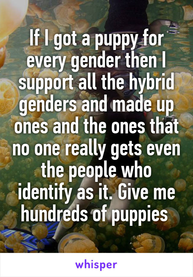 If I got a puppy for every gender then I support all the hybrid genders and made up ones and the ones that no one really gets even the people who identify as it. Give me hundreds of puppies 
