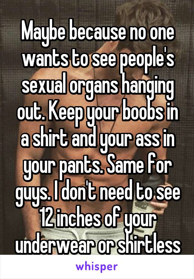 Maybe because no one wants to see people's sexual organs hanging out. Keep your boobs in a shirt and your ass in your pants. Same for guys. I don't need to see 12 inches of your underwear or shirtless