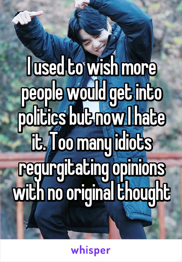 I used to wish more people would get into politics but now I hate it. Too many idiots regurgitating opinions with no original thought