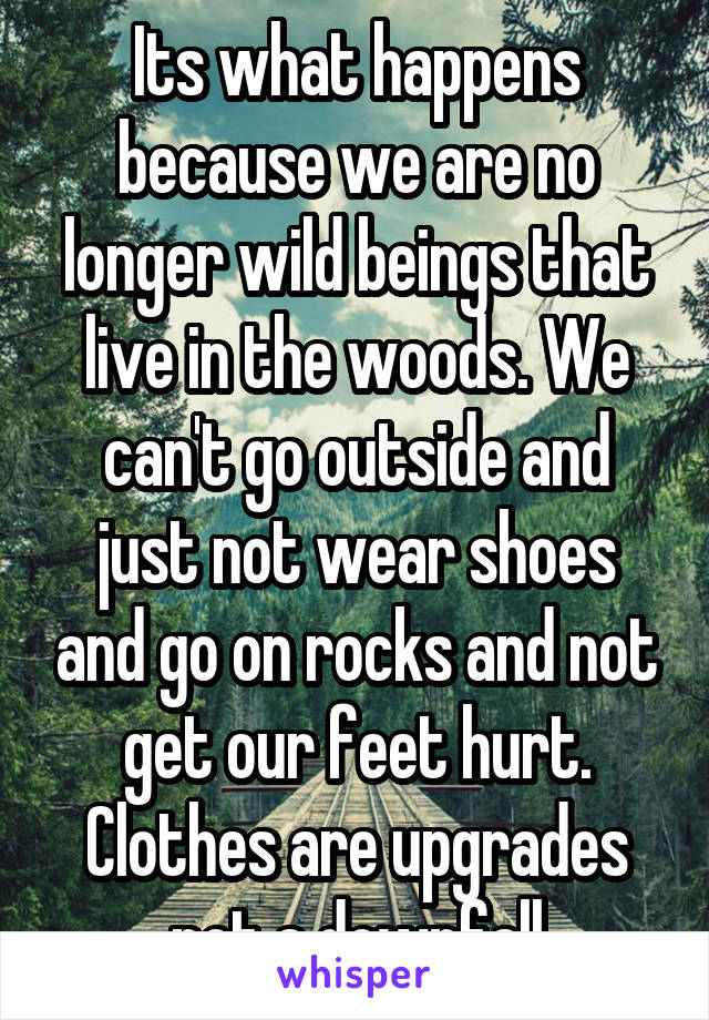 Its what happens because we are no longer wild beings that live in the woods. We can't go outside and just not wear shoes and go on rocks and not get our feet hurt. Clothes are upgrades not a downfall