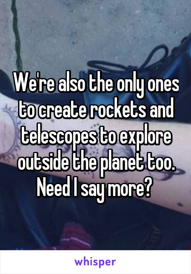 We're also the only ones to create rockets and telescopes to explore outside the planet too. Need I say more? 