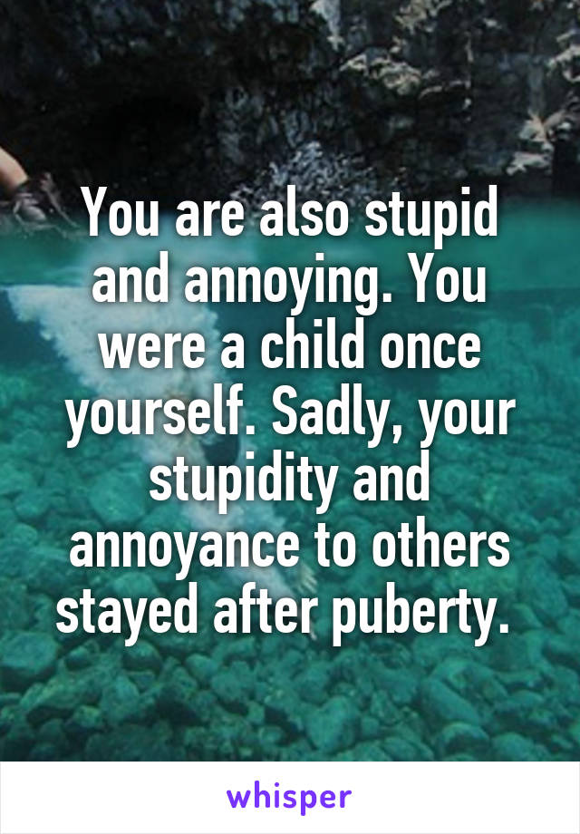 You are also stupid and annoying. You were a child once yourself. Sadly, your stupidity and annoyance to others stayed after puberty. 