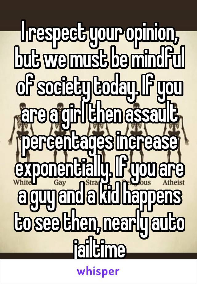 I respect your opinion, but we must be mindful of society today. If you are a girl then assault percentages increase exponentially. If you are a guy and a kid happens to see then, nearly auto jailtime