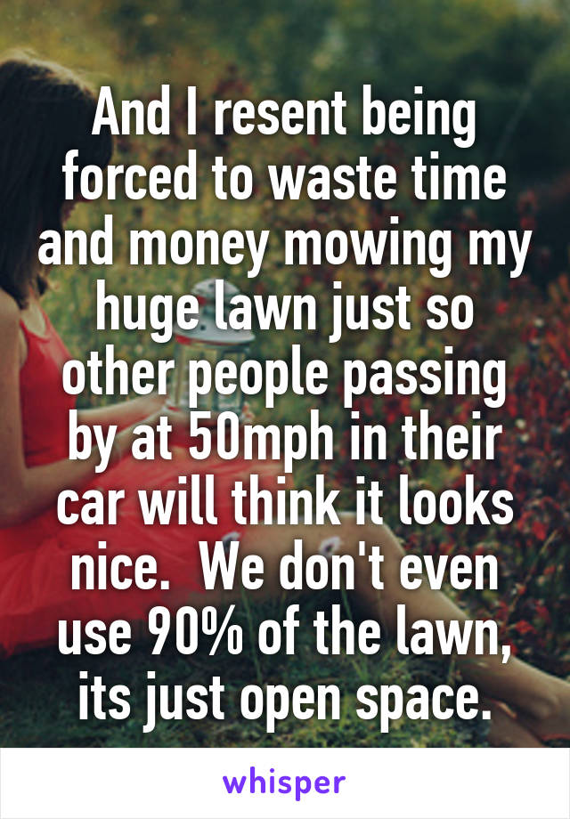 And I resent being forced to waste time and money mowing my huge lawn just so other people passing by at 50mph in their car will think it looks nice.  We don't even use 90% of the lawn, its just open space.