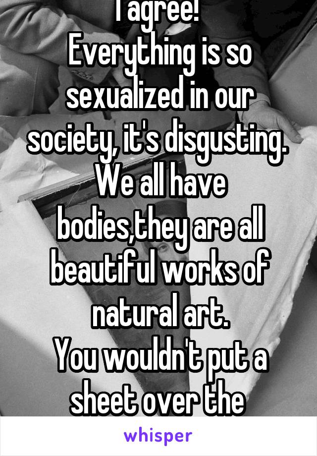 I agree! 
Everything is so sexualized in our society, it's disgusting. 
We all have bodies,they are all beautiful works of natural art.
You wouldn't put a sheet over the 
Mona Lisa