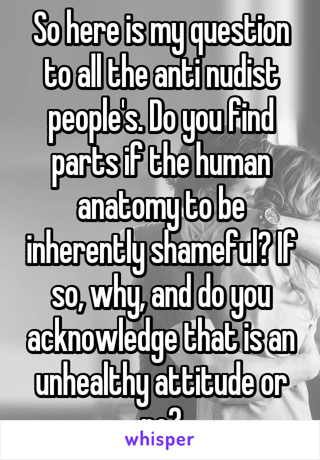 So here is my question to all the anti nudist people's. Do you find parts if the human anatomy to be inherently shameful? If so, why, and do you acknowledge that is an unhealthy attitude or no?