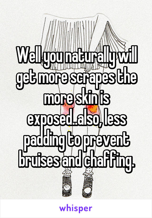 Well you naturally will get more scrapes the more skin is exposed..also, less padding to prevent bruises and chaffing.