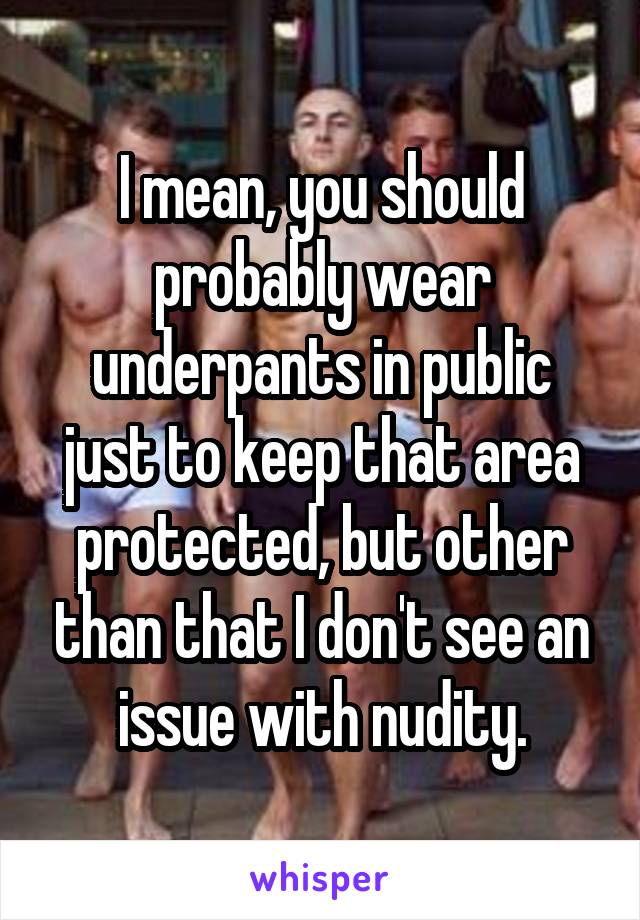 I mean, you should probably wear underpants in public just to keep that area protected, but other than that I don't see an issue with nudity.