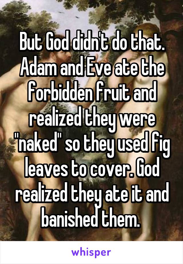 But God didn't do that. Adam and Eve ate the forbidden fruit and realized they were "naked" so they used fig leaves to cover. God realized they ate it and banished them. 