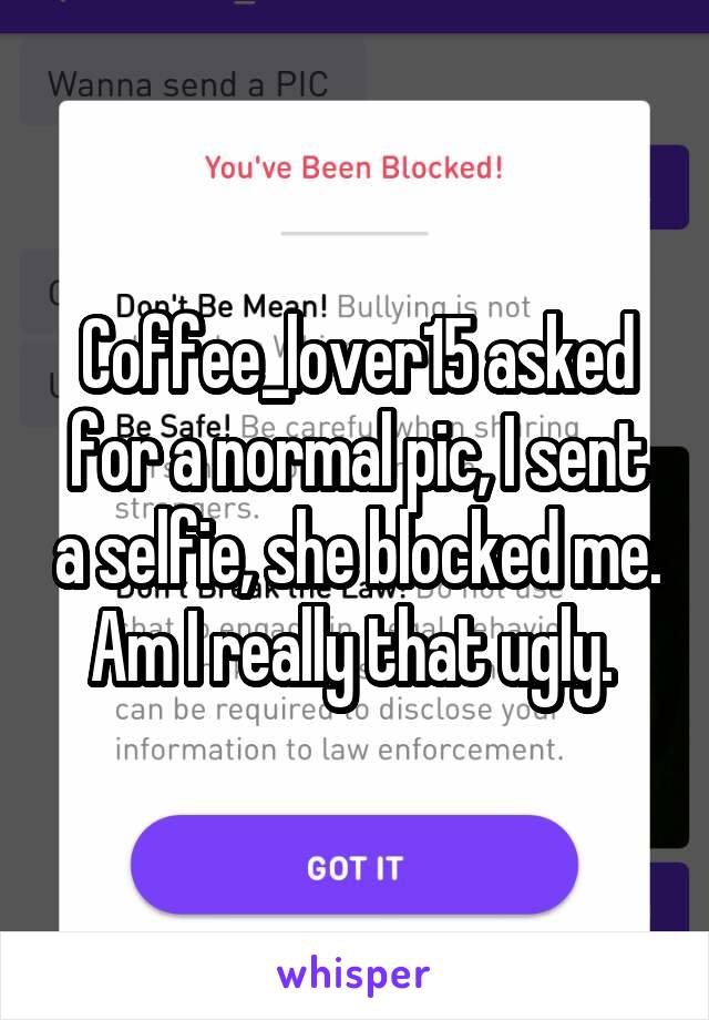 Coffee_lover15 asked for a normal pic, I sent a selfie, she blocked me. Am I really that ugly. 