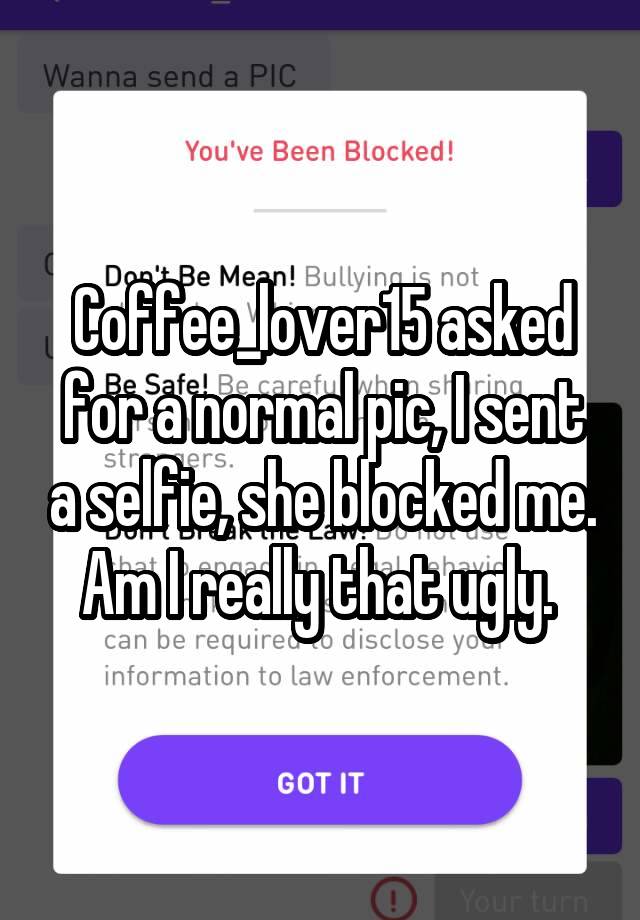 Coffee_lover15 asked for a normal pic, I sent a selfie, she blocked me. Am I really that ugly. 