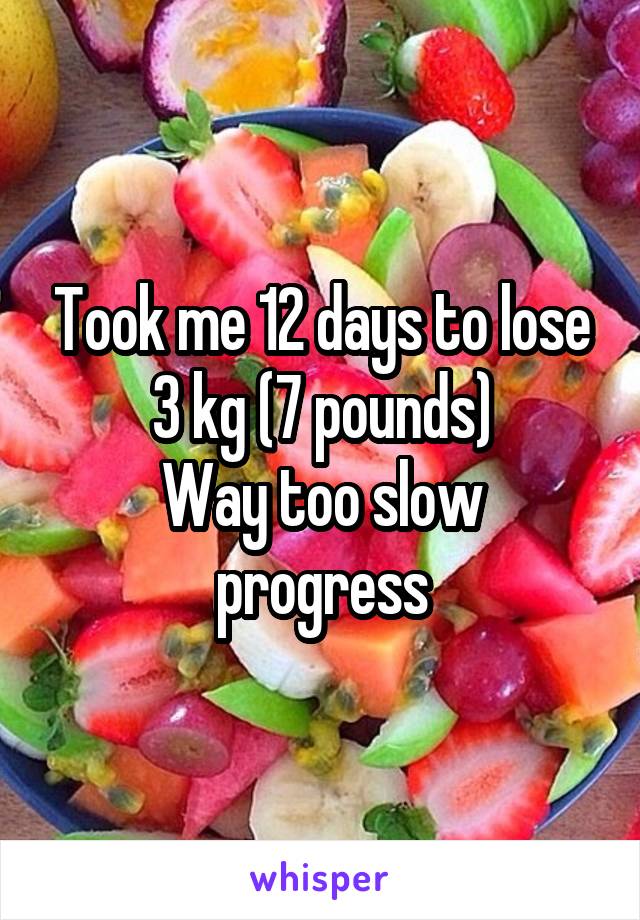 Took me 12 days to lose 3 kg (7 pounds)
Way too slow progress