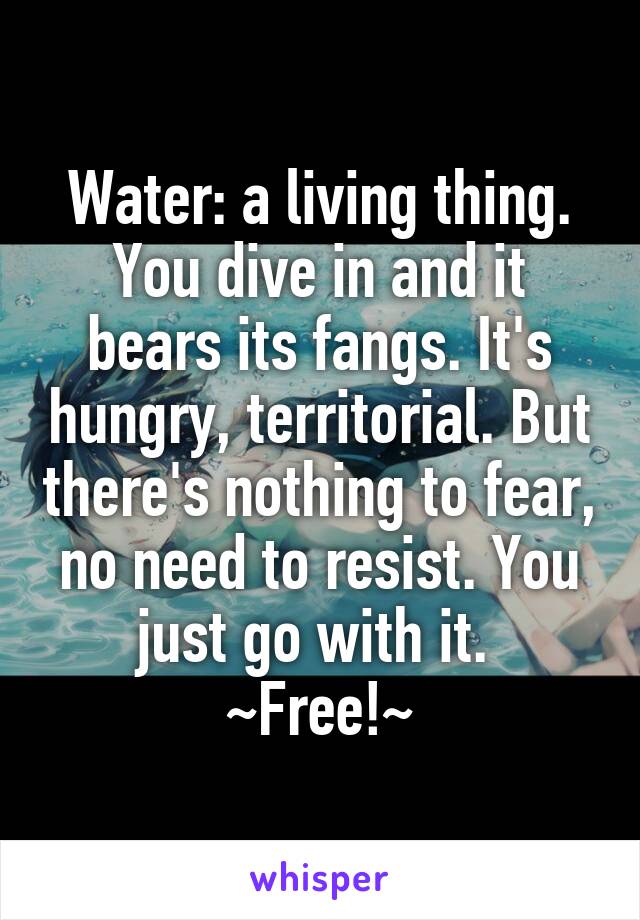 Water: a living thing. You dive in and it bears its fangs. It's hungry, territorial. But there's nothing to fear, no need to resist. You just go with it. 
~Free!~