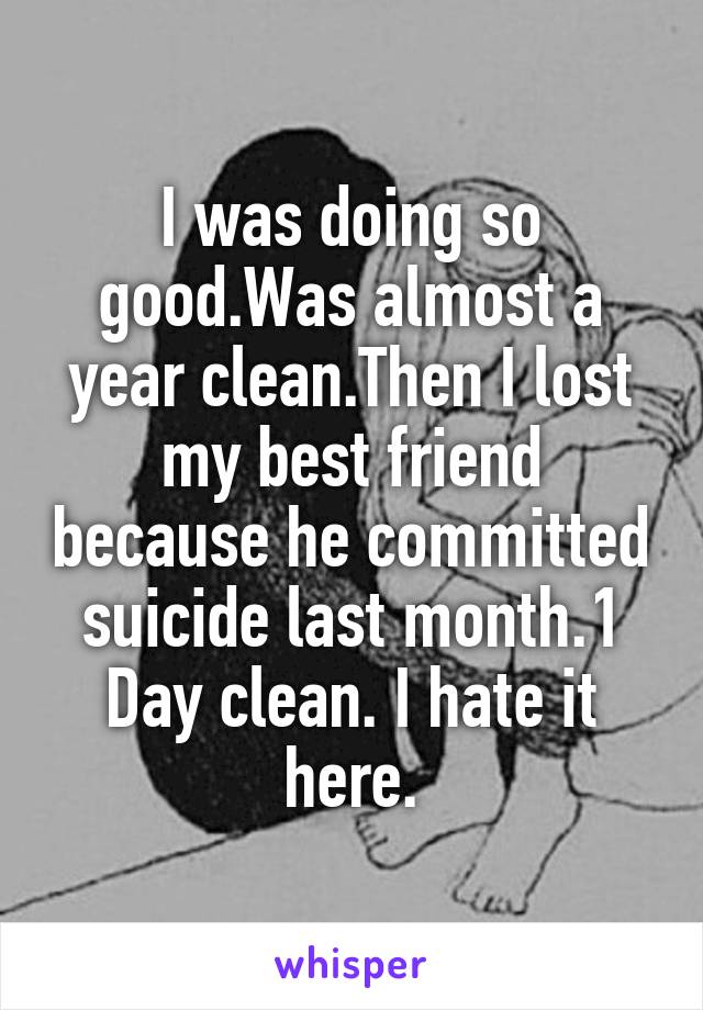I was doing so good.Was almost a year clean.Then I lost my best friend because he committed suicide last month.1 Day clean. I hate it here.