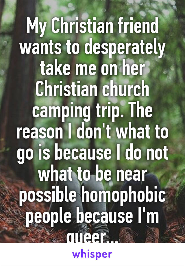 My Christian friend wants to desperately take me on her Christian church camping trip. The reason I don't what to go is because I do not what to be near possible homophobic people because I'm queer...