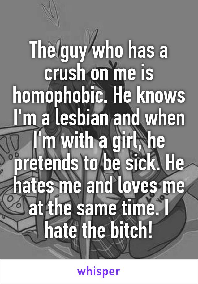 The guy who has a crush on me is homophobic. He knows I'm a lesbian and when I'm with a girl, he pretends to be sick. He hates me and loves me at the same time. I hate the bitch!