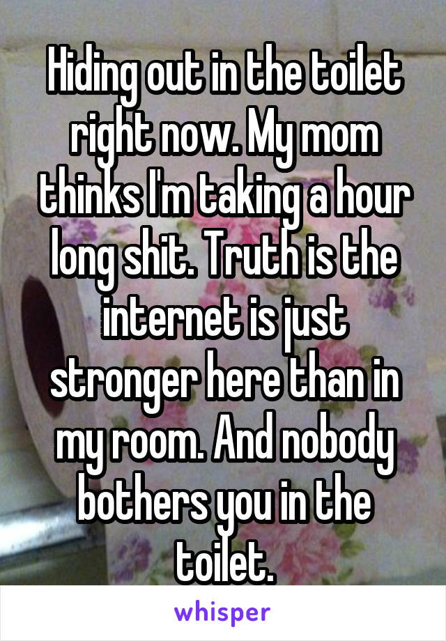 Hiding out in the toilet right now. My mom thinks I'm taking a hour long shit. Truth is the internet is just stronger here than in my room. And nobody bothers you in the toilet.