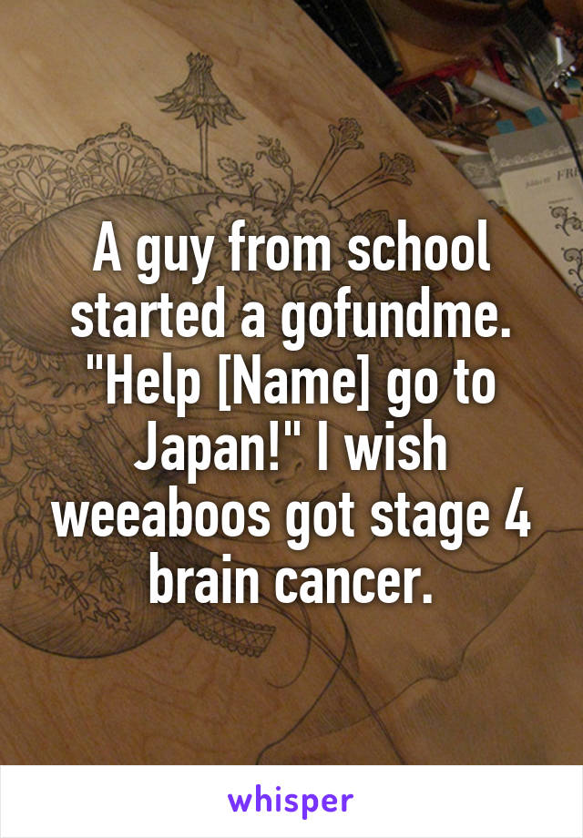 A guy from school started a gofundme. "Help [Name] go to Japan!" I wish weeaboos got stage 4 brain cancer.
