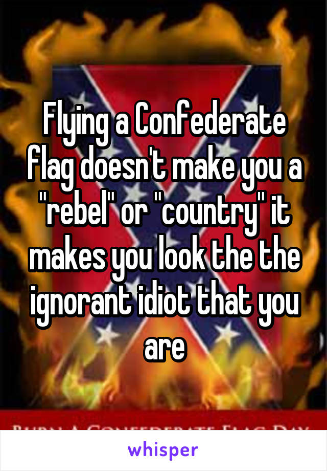Flying a Confederate flag doesn't make you a "rebel" or "country" it makes you look the the ignorant idiot that you are