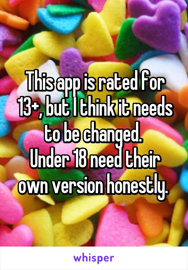 This app is rated for 13+, but I think it needs to be changed. 
Under 18 need their own version honestly. 