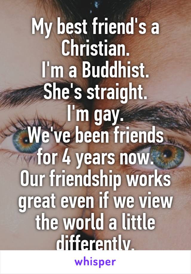 My best friend's a Christian.
I'm a Buddhist.
She's straight.
I'm gay.
We've been friends for 4 years now.
Our friendship works great even if we view the world a little differently.
