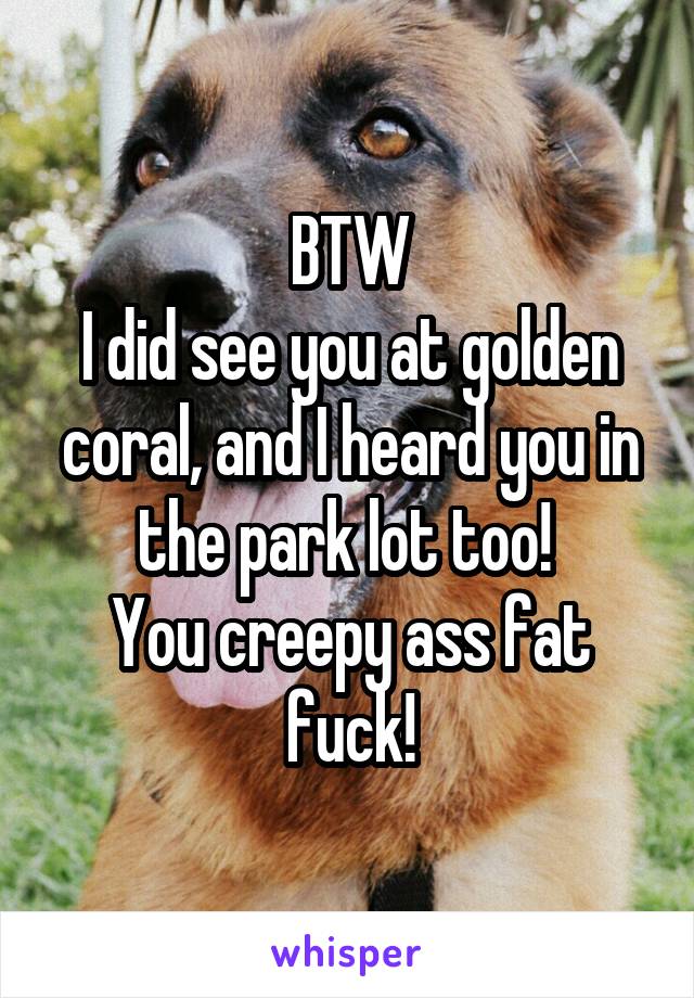 BTW
I did see you at golden coral, and I heard you in the park lot too! 
You creepy ass fat fuck!