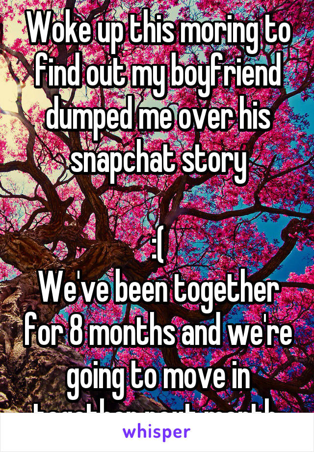 Woke up this moring to find out my boyfriend dumped me over his snapchat story

:(
We've been together for 8 months and we're going to move in together next month 
