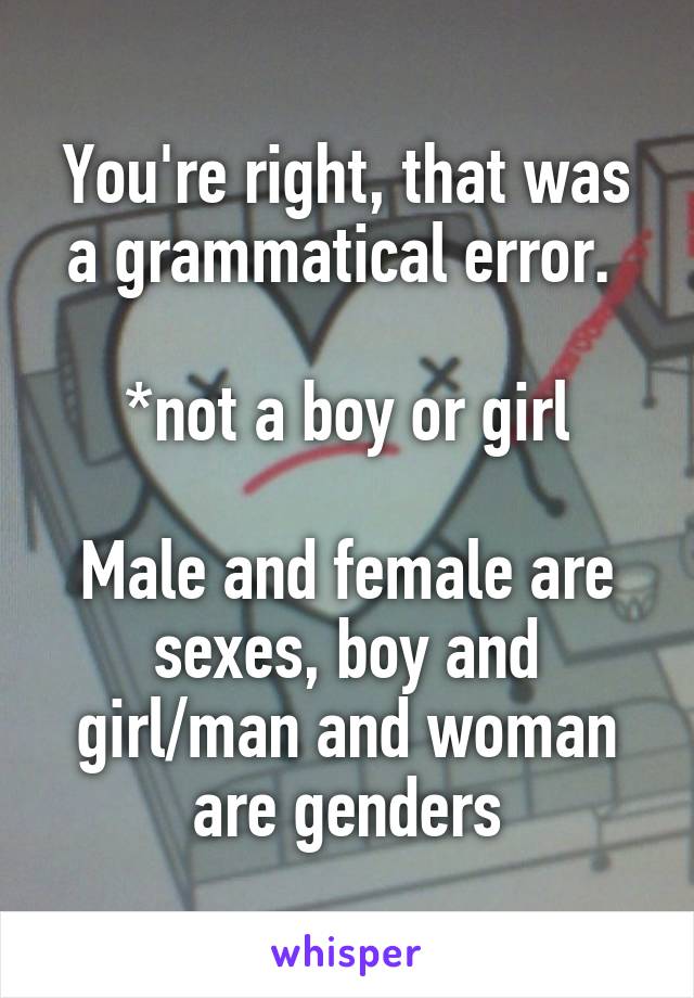 You're right, that was a grammatical error. 

*not a boy or girl

Male and female are sexes, boy and girl/man and woman are genders