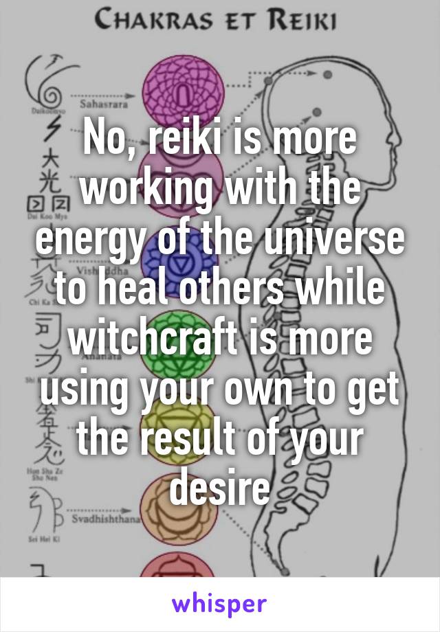 No, reiki is more working with the energy of the universe to heal others while witchcraft is more using your own to get the result of your desire