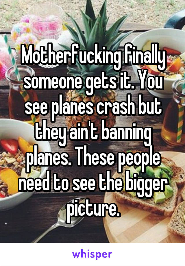 Motherfucking finally someone gets it. You see planes crash but they ain't banning planes. These people need to see the bigger picture.
